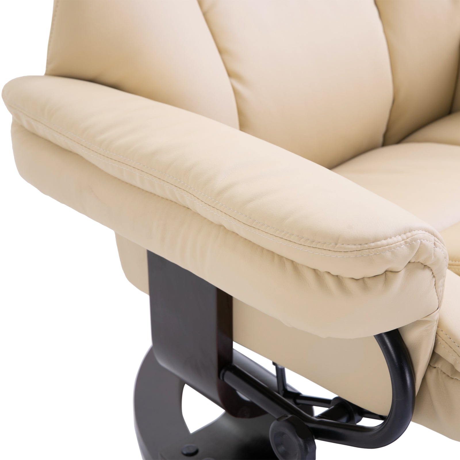 HOMCOM 360° Swivel Recliner Chair with Footstool, PU Leather Manual Recliner Armchair with Solid Wood Base, Upholstered Reclining Chair for Living Room, Bedroom, Office, Cream
